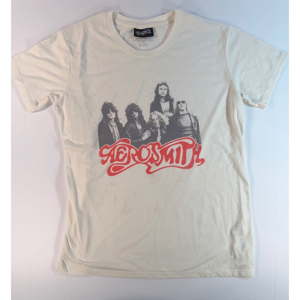 Aerosmith Graphic T-Shirt Mens Small Cream The Relaxed Tee Band Rock 2018 Logo